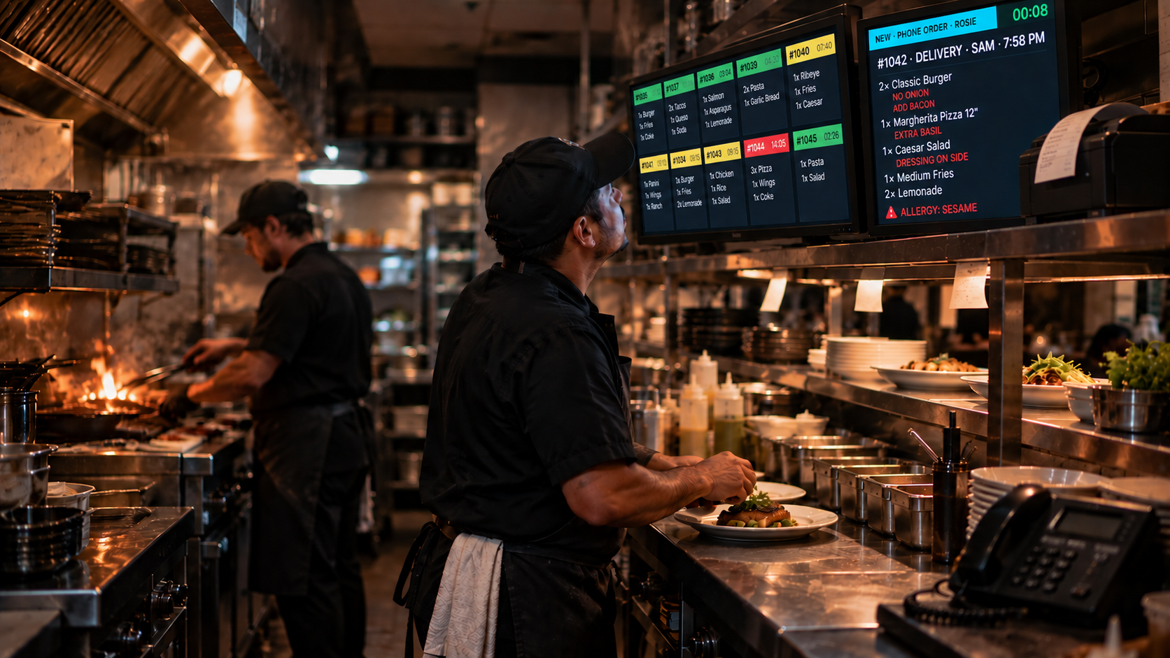 Restaurant kitchen displaying a Rosie phone order on KDS screens