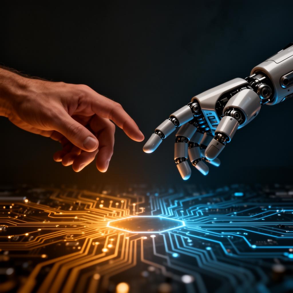 Human hand and robotic hand reaching toward each other over a glowing circuit board