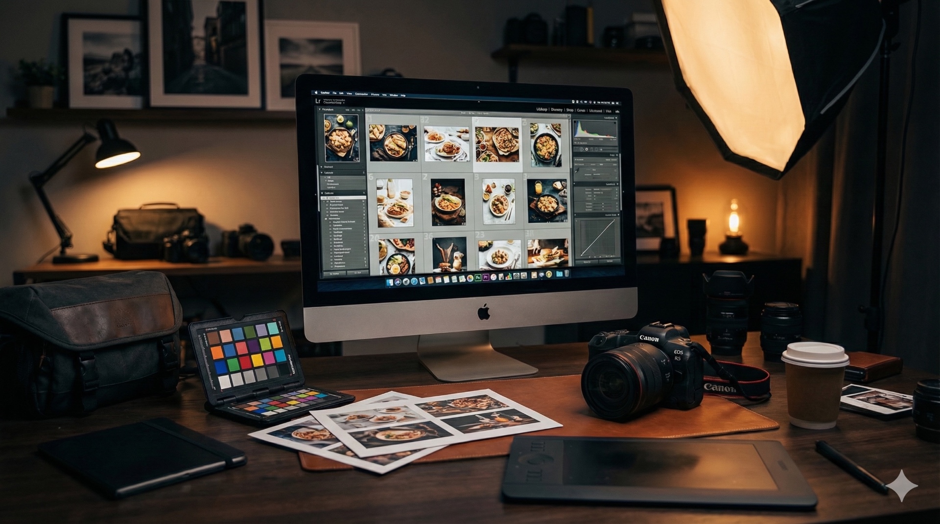 Photographer workspace with iMac showing food photos and studio lighting